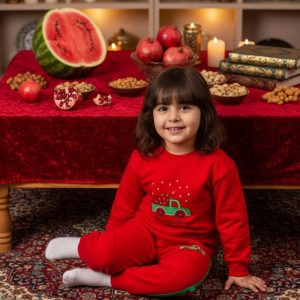 بلوز شلوار یلدایی ماشین سه تیکه با جوراب